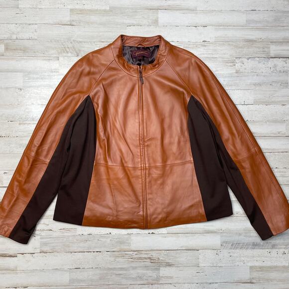 Hal Rubenstein Tan Brown Leather Jacket Coat Lined Ponte Stretch SZ 1X C101686 - Picture 3 of 8